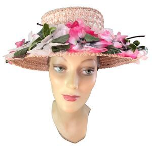 1960s Vintage Pink Cellophane Wide Brim Straw Hat with Pink Flowers